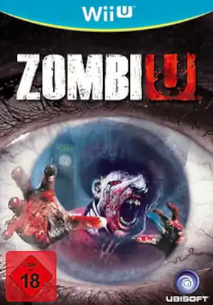 WiI U steht am oberen Rand. ZombiU dadrunter. Ein Zombie spiegelt sich einem großen Auge. USK ab 18 freigegeben links unten und Ubisoft rechts unten.