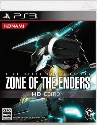 Oben steht das Playstation 3 Logo, darunter der Name Konami. Ein Roboterkopf wird gezeigt unter dem der Titel: Zone of the Enders: High Speed Roboter Action. HD Edition.