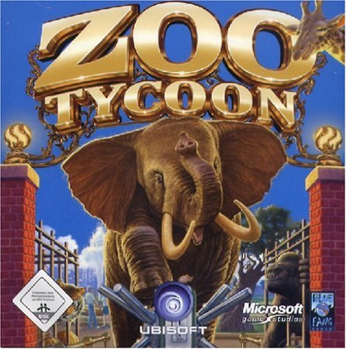 Unter dem Zoo Tycoon Schriftzug läuft ein Elefant auf den Betrachter zu. Unten steht USK ohne Alterbeschränkung freigegeben, Ubistoft. Microsoft Game Studios und das Fang Games.