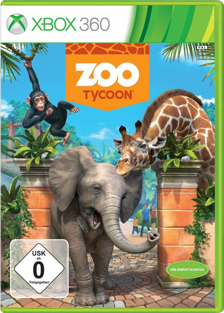 Ein Affe, ein Elefant und eine Giraffe schauen zum Betrachter. Oben steht XBOX 360. Da drunter in der Mitte: Zoo Tycoon. Links unten steht USK ab Null freigegeben und rechts unten Spiel komplett in Deutsch.