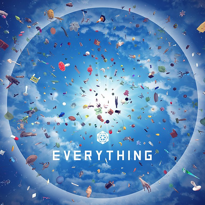 Packshot von Everything: In einem blauen Himmel fliegen unzähliche, bunte Objekte umher.