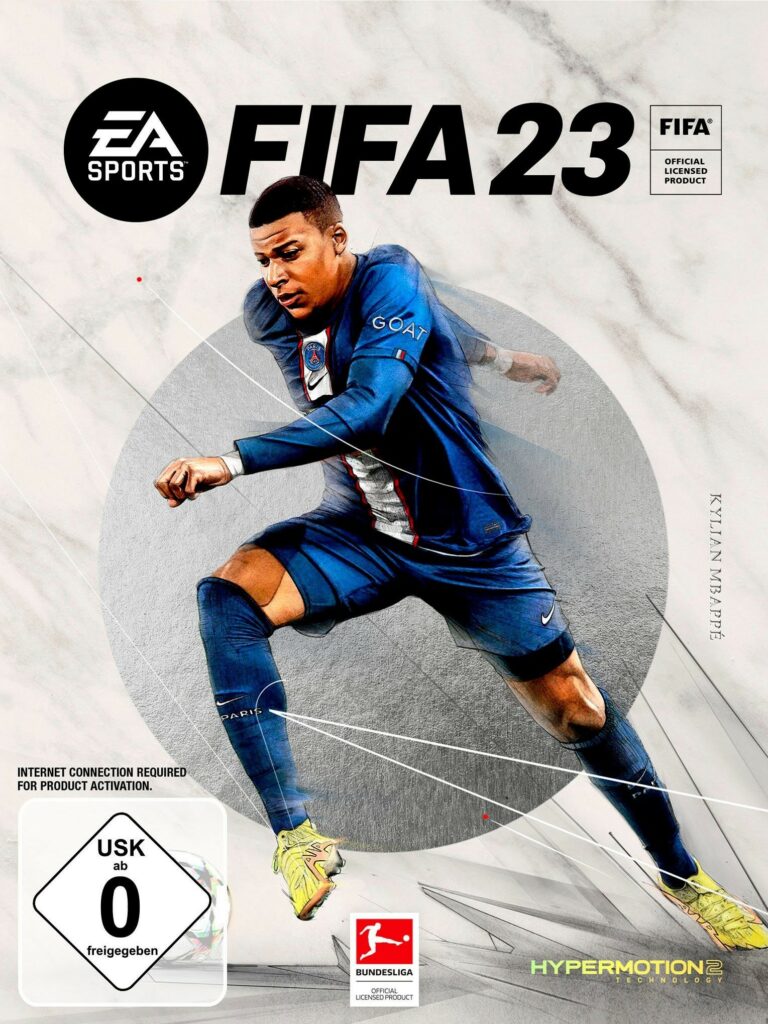 Packshot FIFA 23 mit USK ab 0. Ein französischer Fußballspieler mit Ball.