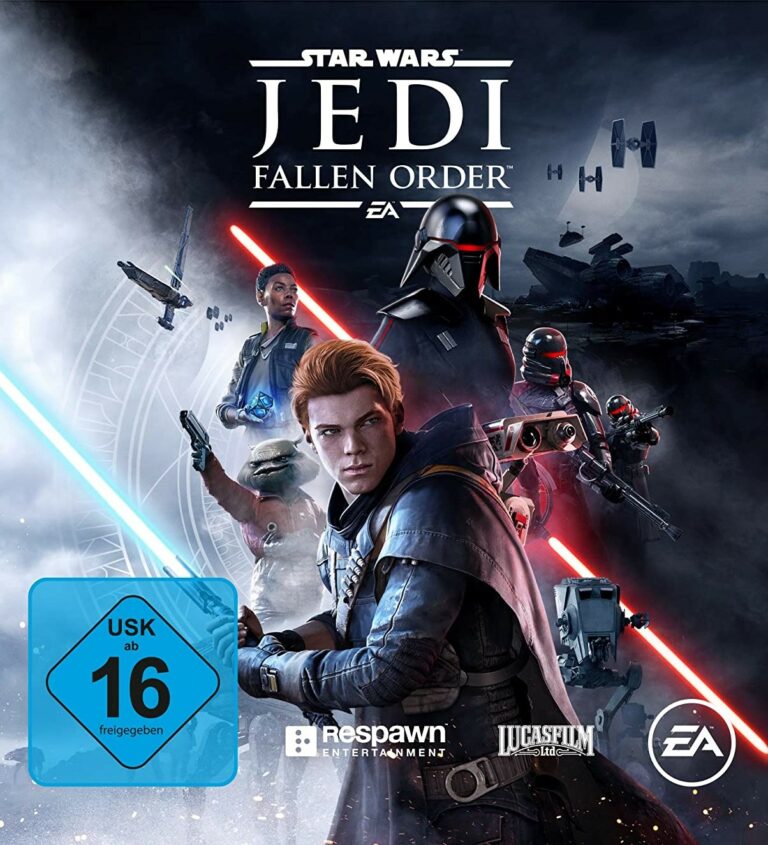 Packshot Star Wars Jedi Fallen Order mit USK 16 und den bewaffneten Hauptfiguren des Spiels.