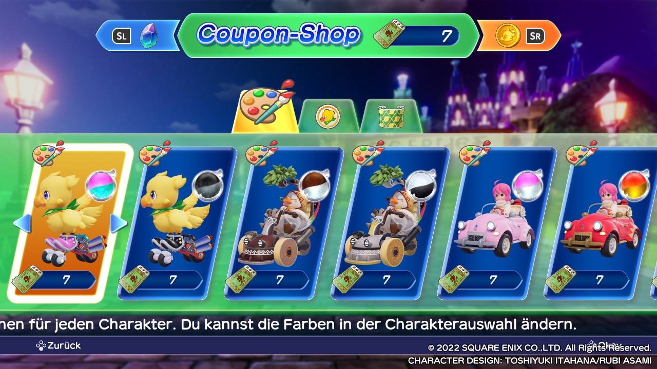 Auswahlmöglichkeiten zwischen mehreren Charakteren und ihren Fahrzeugen im Coupon-Shop.