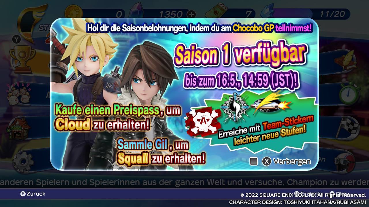 Bunte Schrift: Hol dir die Saisonbelohnungen, indem du am Chocobo GP teilnimmst. Saison 1 verfügbar bis zum 16.5., 14.59 (JST)!