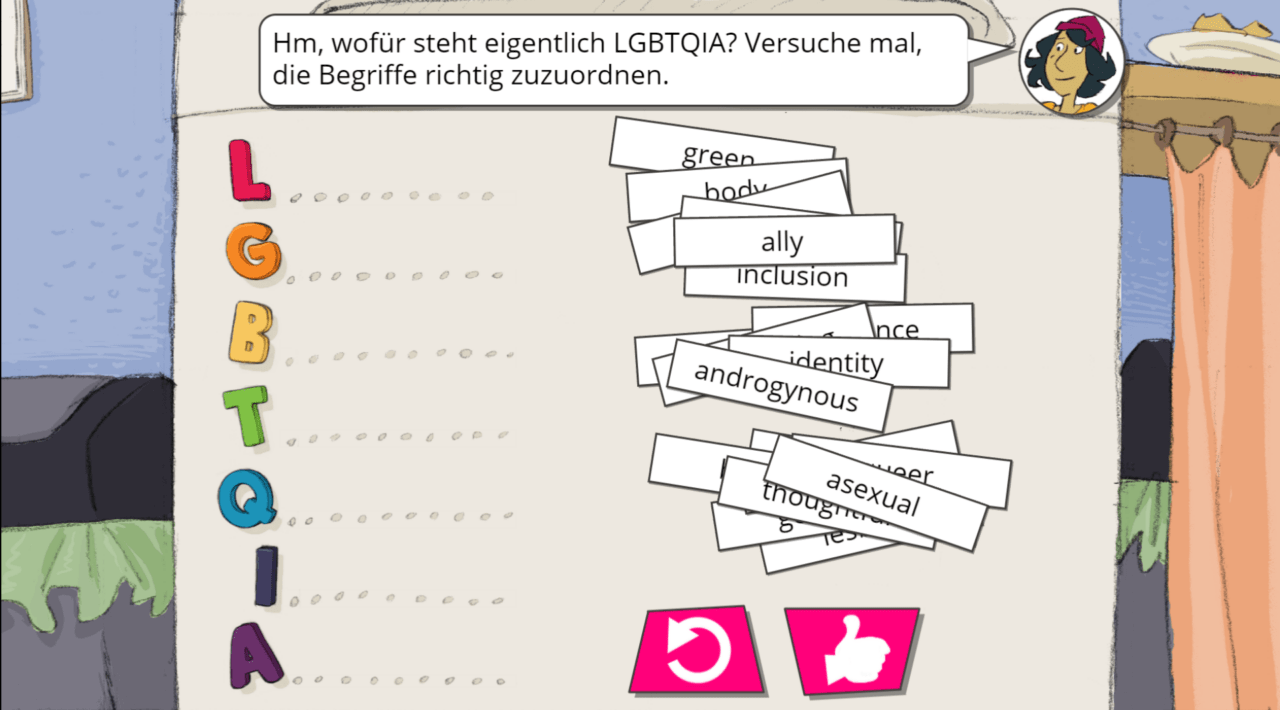 Sortierspiel zum Thema LGBTQIA. Den einzelnen Buchstaben müssen die Begriffe richtig zugeordnet werden.