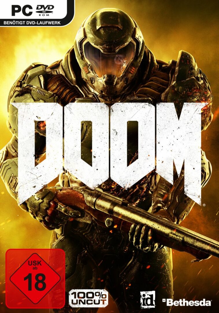 Doom-Packshot: Eine Person in futuristischer Rüstung hinter dem Schriftzug Doom.