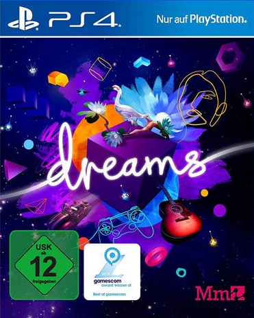 Packshot Dreams: Verschiedene Formen und Gegenstände fliegen durchs All. Davor steht Dreams.