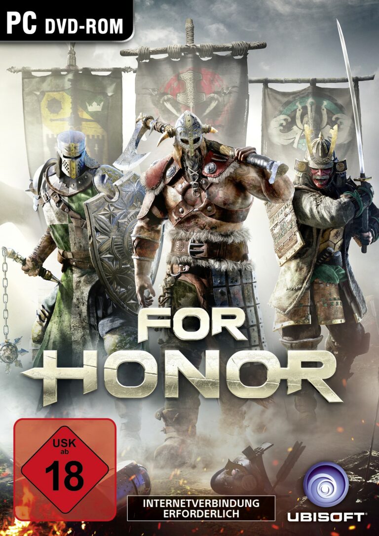 Das Cover von For Honor. Man sieht drei Männer in Kampfrüstungen und großen Bannern im Hintergrund.
