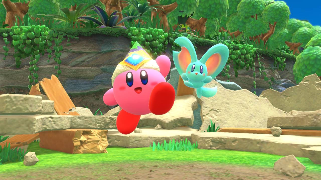 Kirby und ein blaues Tier mit großen Ohren hüpfen über eine Wiese.