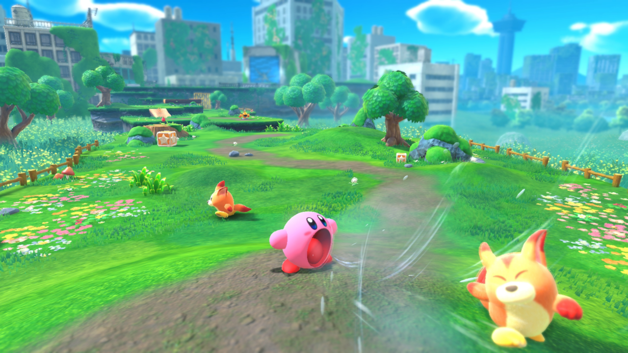 Kirby steht in einem Park und schreit sehr laut.