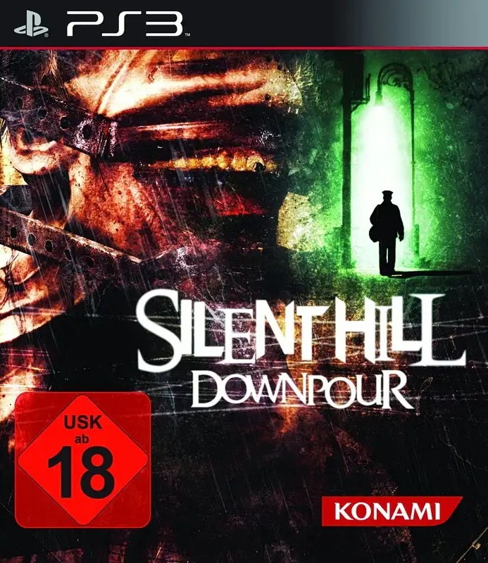 Die Silhouette einer Person unter grünem licht und ein rot schwarze Gebilde über dem Schriftzug Silent Hill Downpour.