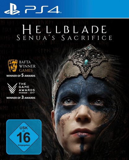 Ein Playstation 4 Packshot des Spiels "Hellblade Senua's Sacrifice". Auf dem Bild ist eine Frau mit Kopfschmuck und dunkelblauer Kampfbemalung zu sehen.