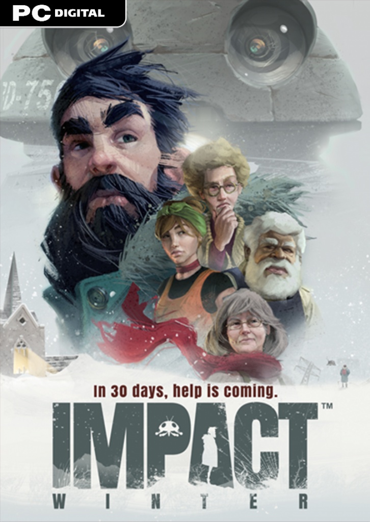 Packshot des Spiels "Impact Winter". Zu sehen sind 5 Personen inmitten eines Schneesturms. Im Hintergrund lässt sich ein Roboter erkennen.