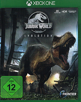 X-Box Packshot des Spiels "Jurassic World Evolution". Zu sehen ist ein brüllender T-Rex im strömenden Regen.