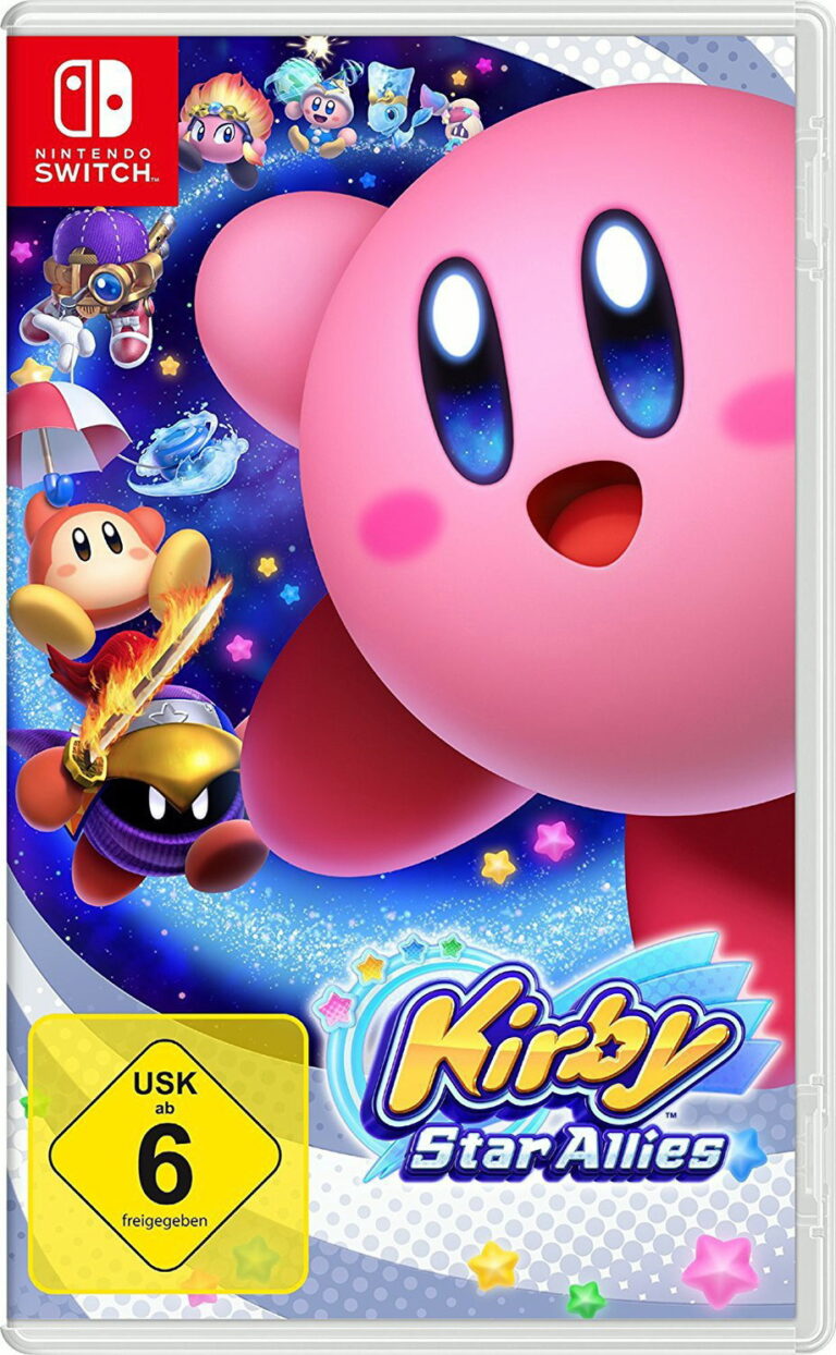 Packshot des Spiels "Kirby Star Allies". Zu sehen sind Kirby und all seine Freunde, wie sie auf einem Pfad aus Sternen laufen.