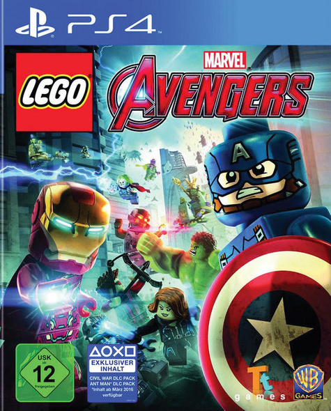 Packshot von Lego Marvel Avengers. Iron Man und Captain America sind im Vordergrund des Bildes zu sehen. Die restlichen Avengers kämpfen im Hintergrund.