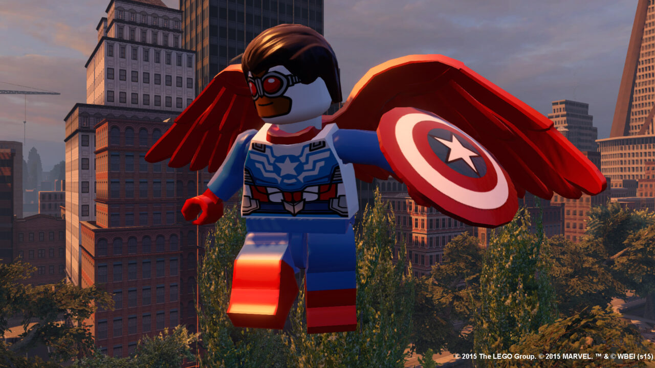 Lego-Captain America, wie er über einer Stadt fliegt.