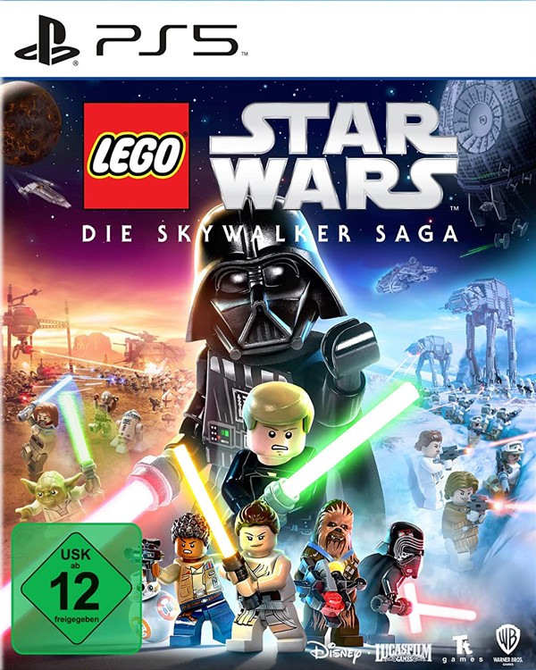 Packshot von Lego Star Wars die Skywalker Saga. Mittig im Bild ist groß Darth Vader zu sehen, vor ihm stehen Luke, Rey, Chewie, Finn, Kyle und BB-8.