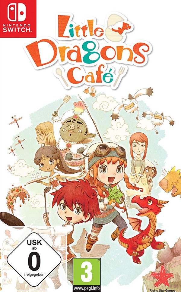 Packshot von Little Dragons Cafe. Auf dem Cover sind verschiedene menschliche Charaktere zu sehen, aber auch ein süßer Drache und niedliche Vögel.