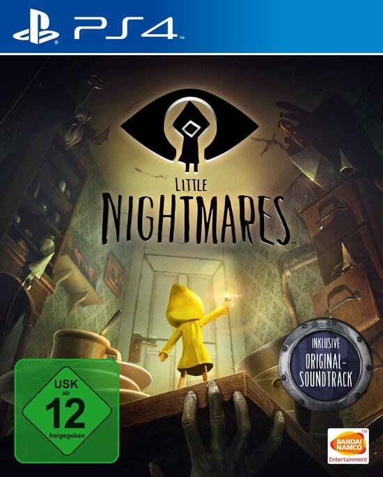 PS4 Packshot des Spiels "Little Nightmares". Zu sehen ist ein Kind mit einem gelben Regenmantel das mit einem Kerzenlicht vor einer Tür steht.