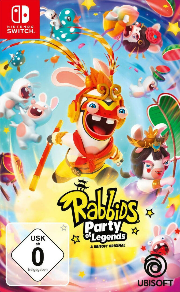 Packshot des Spiels "Rabbids Party of Legends". Zu sehen sind neun angriffslustige Rabbits.