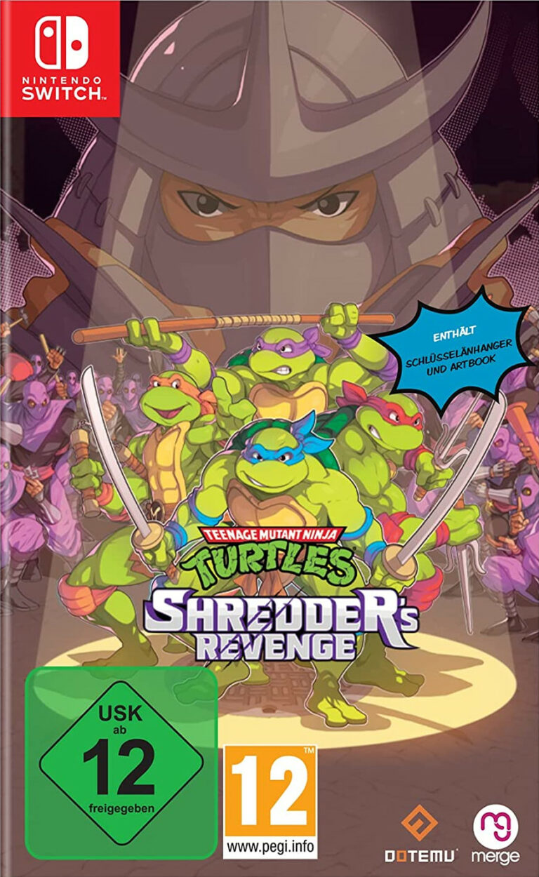 Packshot von Teenage Mutant Ninja Turtles Shredders Revenge. Mittig sind die vier Ninja Turtles zu sehen, umzingelt von Ninjas in violetter Kutte. Im Hintergrund ist das vermummte Gesicht einer Person zu sehen. Die Person trägt einen Helm im japanischen Stil.