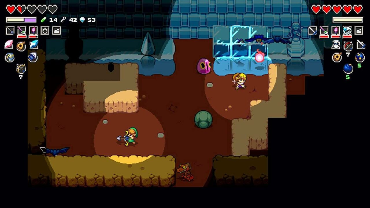 Zelda und Link sind gemeinsam in einer Höhle unterwegs und kämpfen gegen Monster.