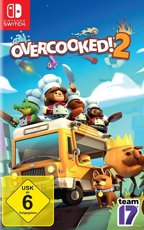 Packshot von Overcooked 2. Auf dem Cover sind 4 Köche auf einem Foodtruck zu sehen.