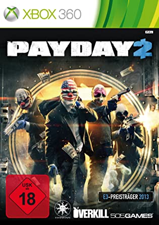 Packshot von Payday 2. Auf dem Cover sind die 4 schwer bewaffneten Protagonisten mit ihren ikonischen Clowns-Masken zu sehen. Sie stehen in der geöffneten Tür eines Banktresors und schießen in Richtung der Kamera.