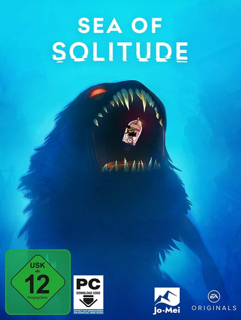 Packshot von Sea Of Solitude. Auf dem Cover ist mittig ein kleines Holzboot zu sehen, auf welchem eine Person sitzt. Unter der Wasseroberfläche befindet sich ein riesiges Ungeheuer, dessen offenes Maul sich direkt unter dem Boot befindet.