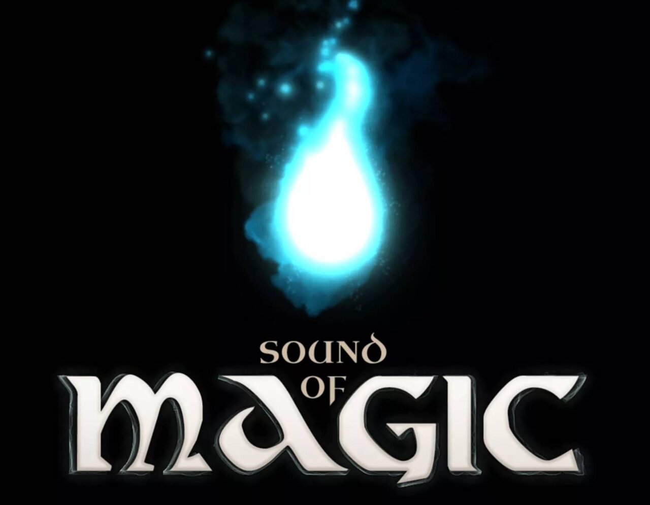 Logo der App Sound of Magic: Weißer Schriftzug auf schwarzem Hintergrund und darüber eine hellblaue Flamme.