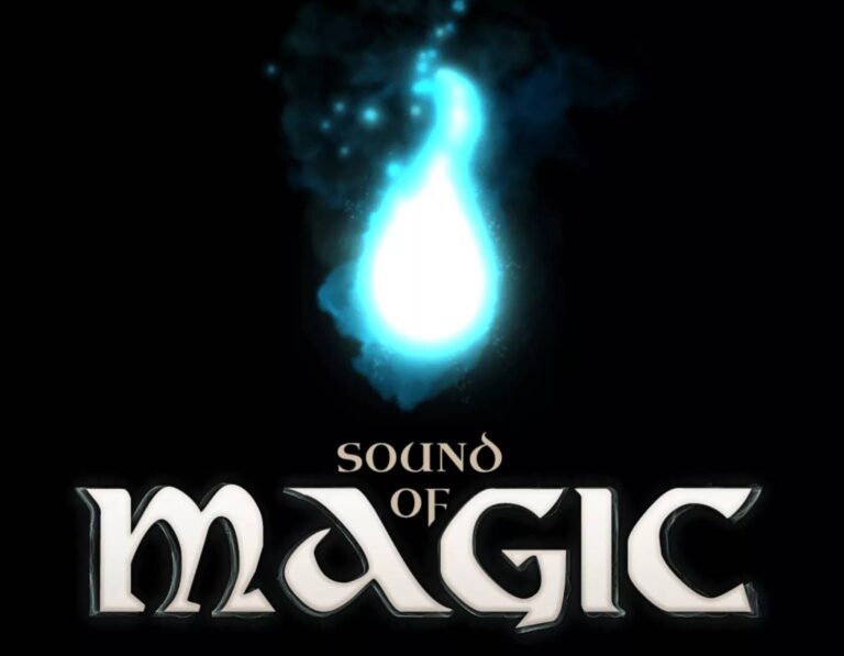 Logo der App Sound of Magic: Weißer Schriftzug auf schwarzem Hintergrund und darüber eine hellblaue Flamme.