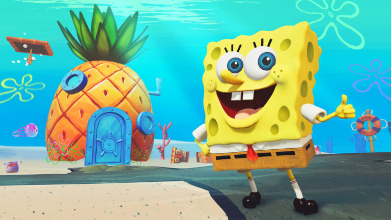 Spongebob, eine Figur in Schwammform, steht vor seinem Haus in Ananasform und schaut freudig.