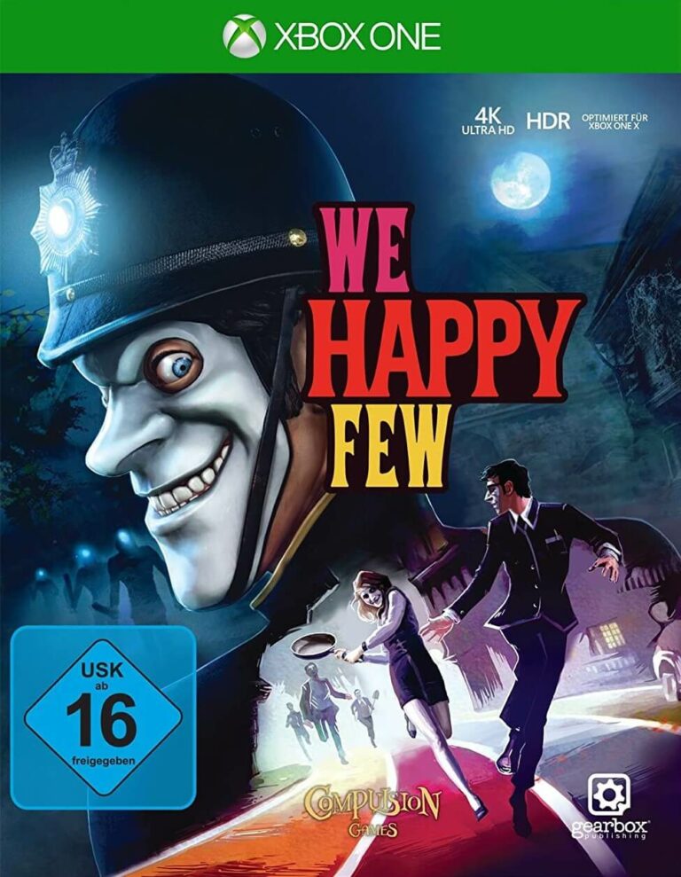 Packshot von We Happy Few. Auf der unteren Hälfte des Covers ist der Protagonist abgebildet, wie er vor 4 anderen Personen davon läuft. Auf der oberen Hälfte ist ein Polizist zu sehen. Alle Personen tragen die für das Spielszenario typischen, weißen Masken.