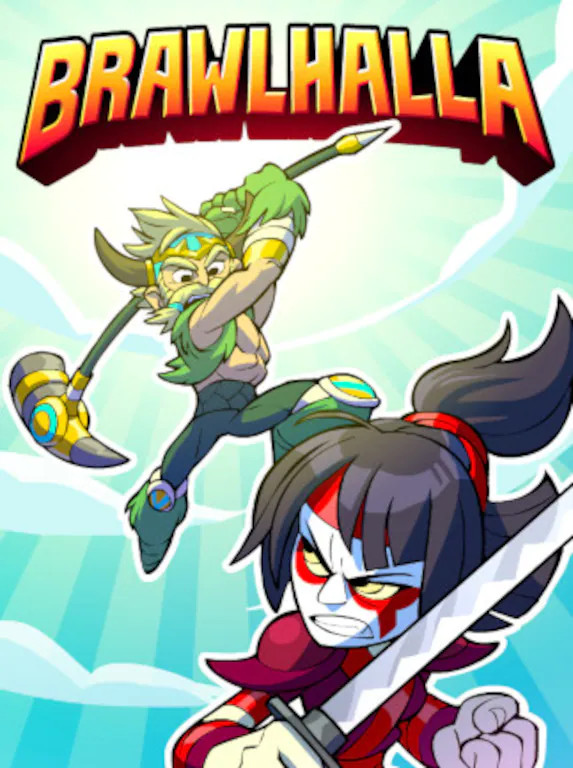 Zwei bewaffnete Figuren kämpfen in der Luft. Über ihnen steht Brawlhalla.