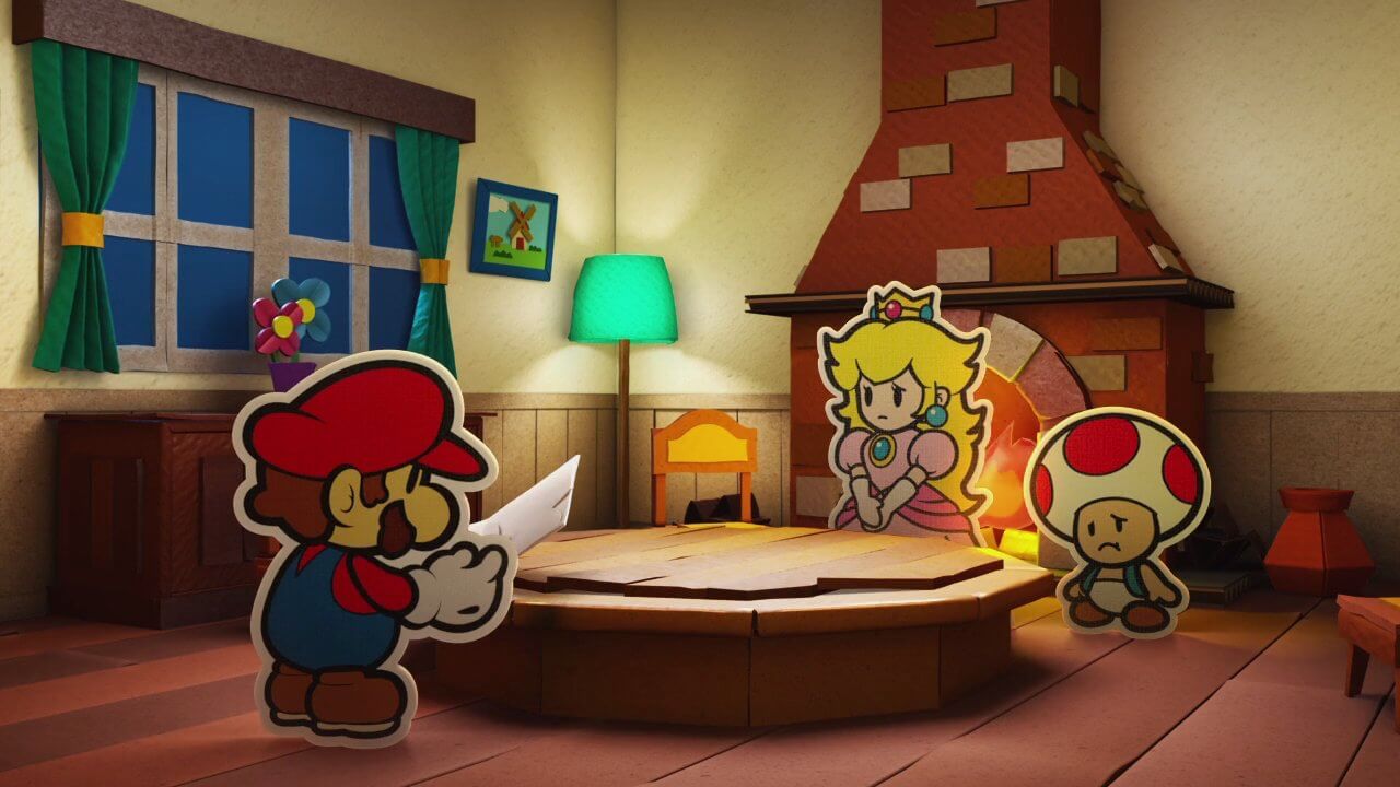 Papierversionen von Mario, Peach und Toad stehen um einen Holztisch herum.