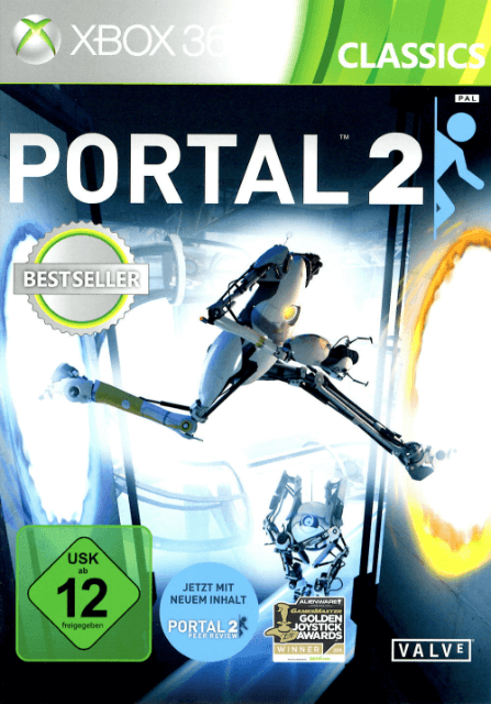 Packshot von Portal 2. Ein Roboter springt von einem blauen Portal in ein orangenes.