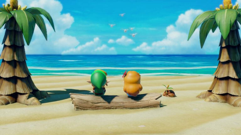 Link und Zelda sitzen auf einem Baumstamm am Strand.