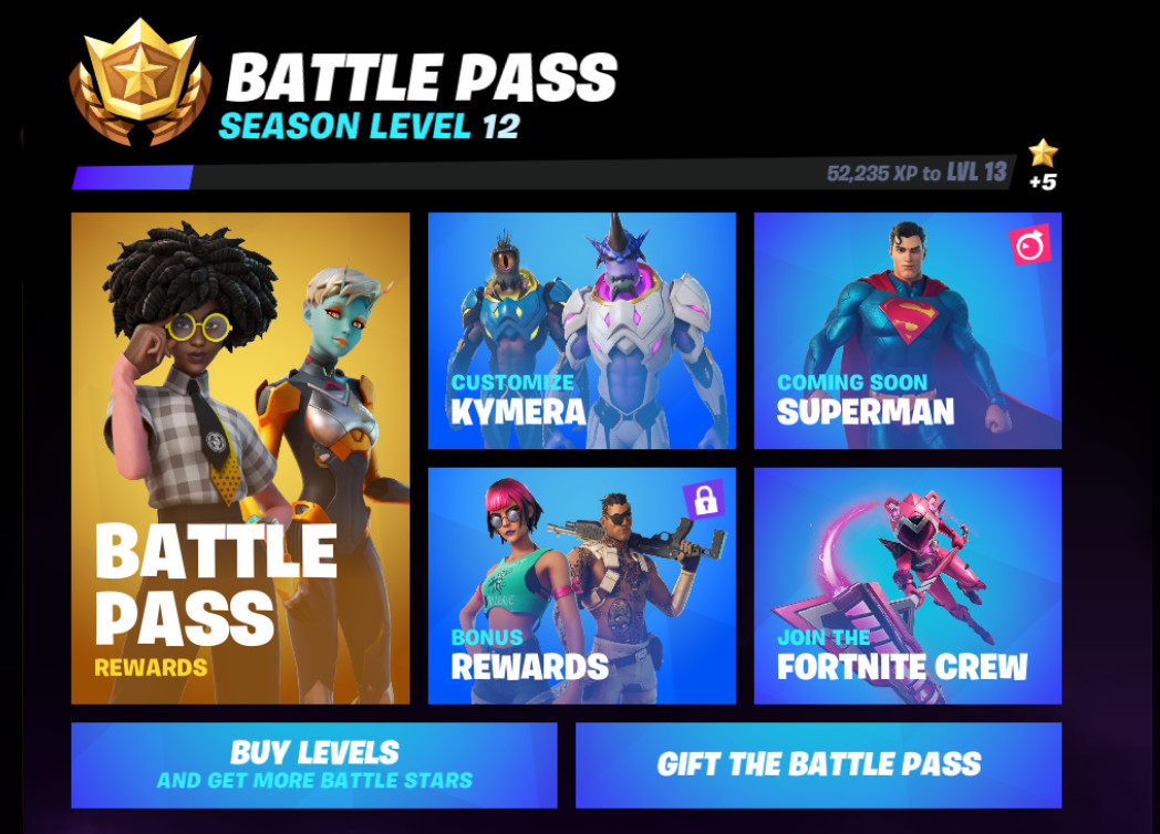 Eine Übersicht des Battle-Pass von Fortnite. Eine Level-Übersicht und verschiedene Schaltflächen. Rewards, Customize, Coming Soon, Bonus Rewards, Join the Fortnite Crew, Buy Levels und Battle-Pass verschenken