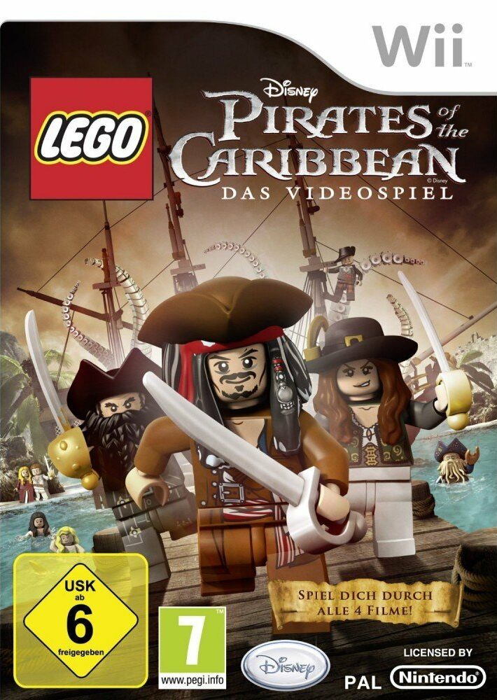Packshot LEGO Pirates of the Caribbean. Zwei Männer und eine Frau mit Schwertern. Im Hintergrund ein Schiff und Figuren im Wasser.