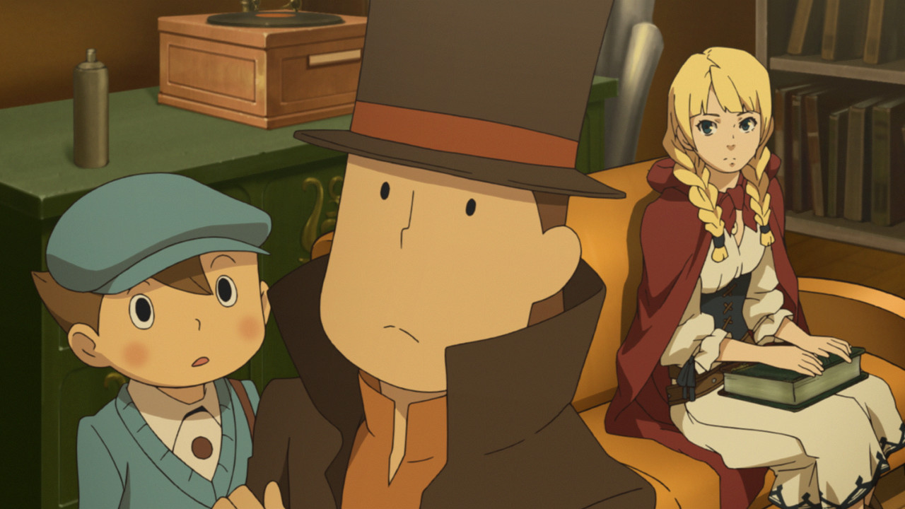 Professor Layton, sein Gehilfe und eine junge Frau.