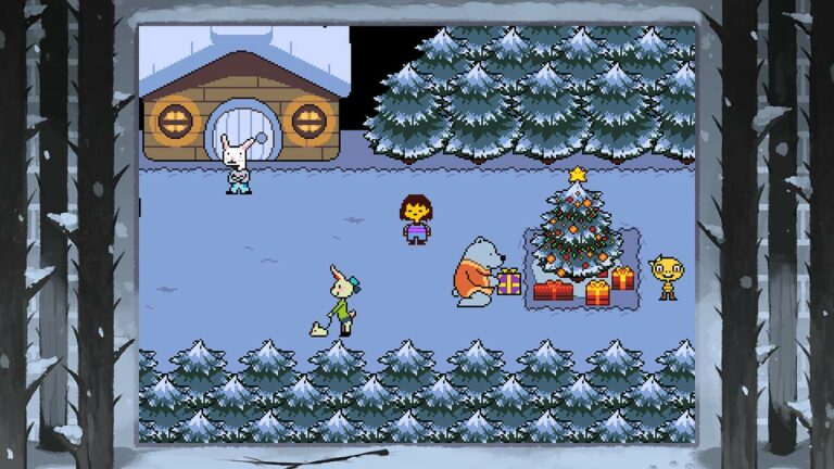 Eine Pixelgrafik in 2D. Es liegt Schnee und ein Weihnachtsbaum mit Geschenken ist da. Tierwesen stehen drum herum sowie eine menschliche Figur.