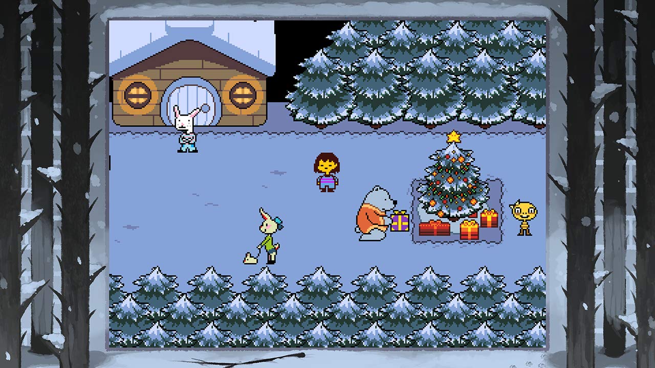 Eine Pixelgrafik in 2D. Es liegt Schnee und ein Weihnachtsbaum mit Geschenken ist da. Tierwesen stehen drum herum sowie eine menschliche Figur.