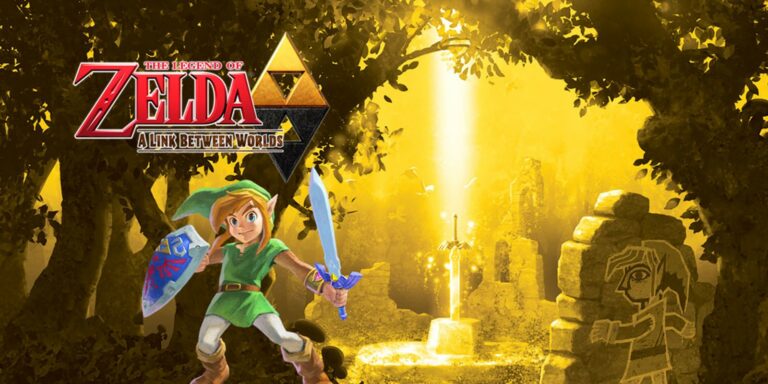 Illustration des Helden Link und der Schrift "The Legend of Zelda A Link Between Worlds" Im Hintergrund ist eine Waldlichtung und ein Schwert steckt im Felsen.