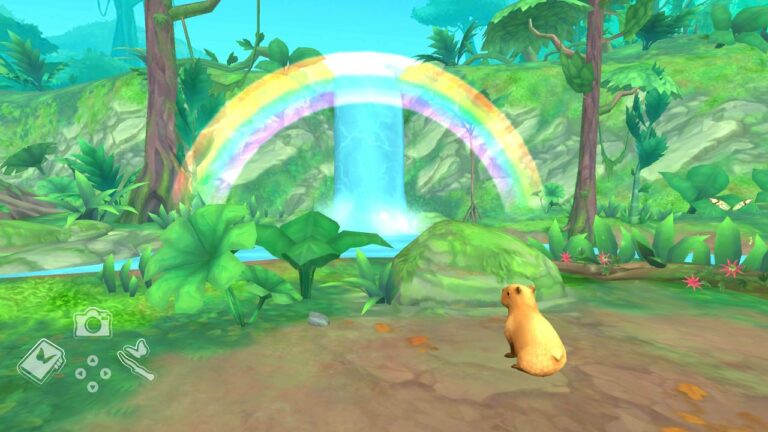 Ein Capybara schaut auf einen Wasserfall mit Regenbogen.