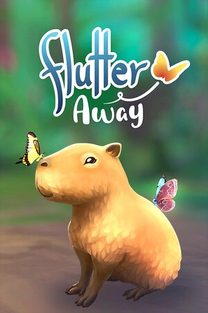 Cover Flutter Away mit einem Capybara und Schmetterlingen.