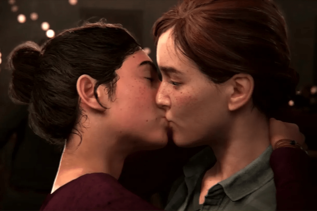 Kussszene zwischen Hauptfigur Ellie und Dina in The Last of Us Part II