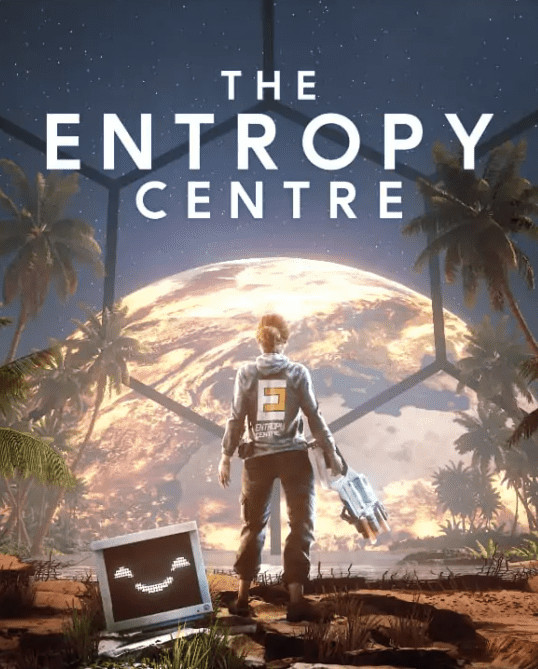 Keyart von The Entropy Centre. Ansicht von hinten auf den Spielcharakter, der aus einem gläsernem Gebäude auf einen riesig erscheinenden Planeten blickt.