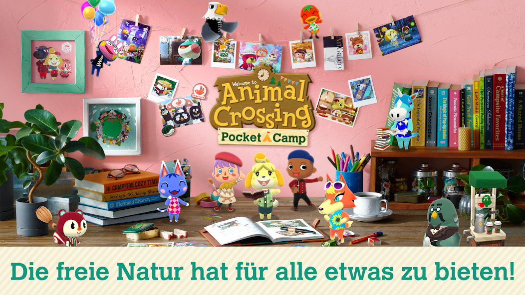 Auf einem Schreibtisch haben sich verschiedene Figuren aus dem Animal-Crossing Universum versammelt und winken dem oder der Betrachter*in zu.